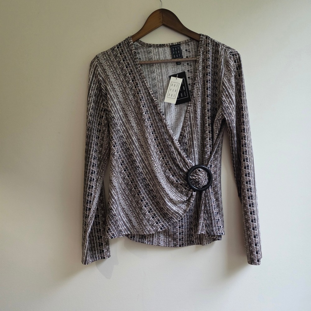 Due Per Due Vintage Y2K Deadstock Abstract Print O-Ring Wrap Top Brown Tan Small